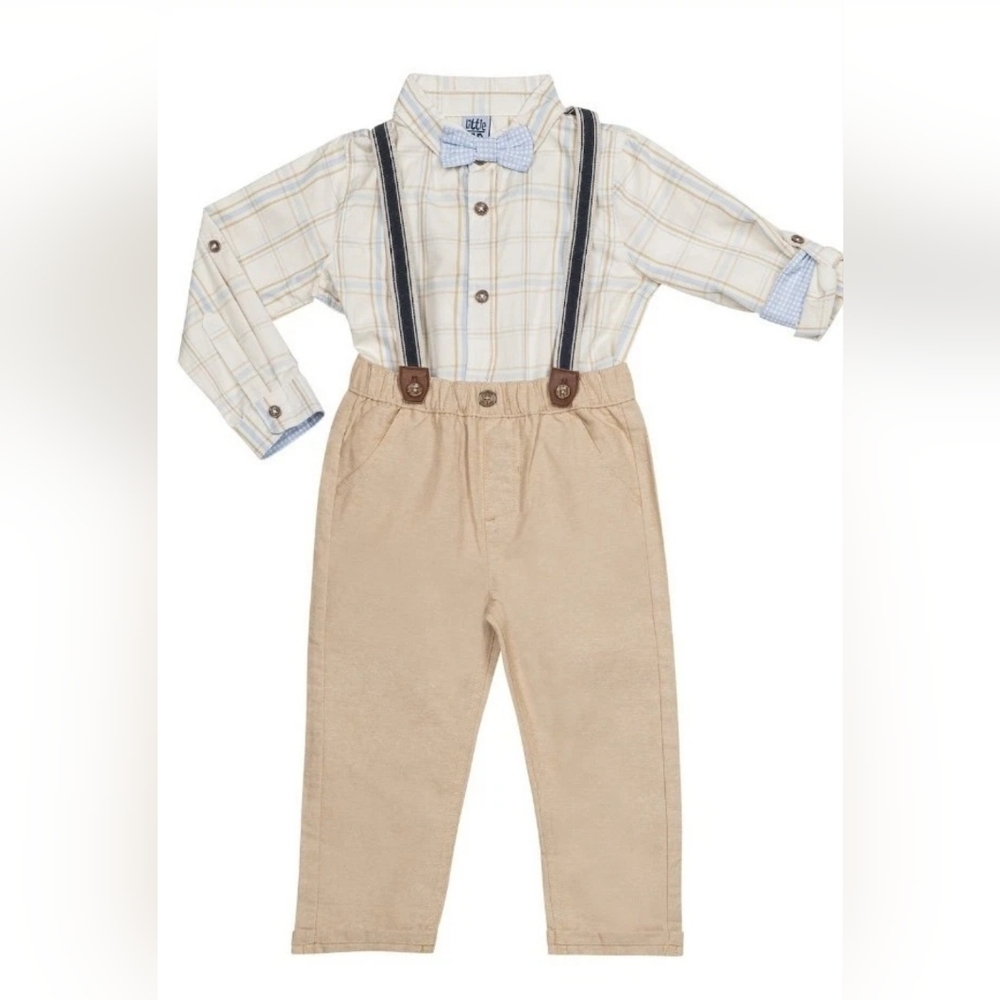 toddler Boy Little Lad  4-Piece Gingham Suspender Pant Set Blue/Khaki 3T